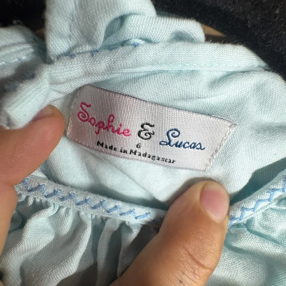Sophie & Lucas Girls Blue Embroidered Ruffle Dress Size 6 SL3418 Sash Back